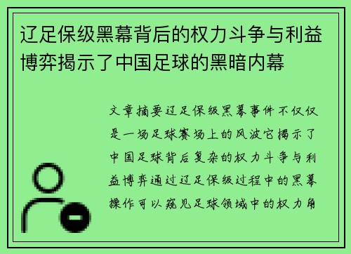 辽足保级黑幕背后的权力斗争与利益博弈揭示了中国足球的黑暗内幕