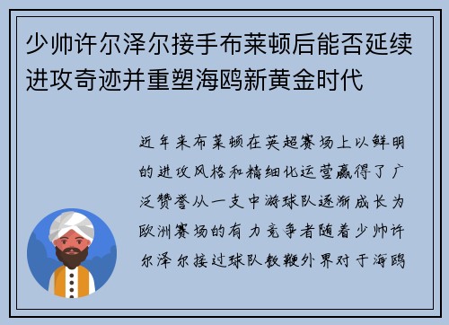 少帅许尔泽尔接手布莱顿后能否延续进攻奇迹并重塑海鸥新黄金时代