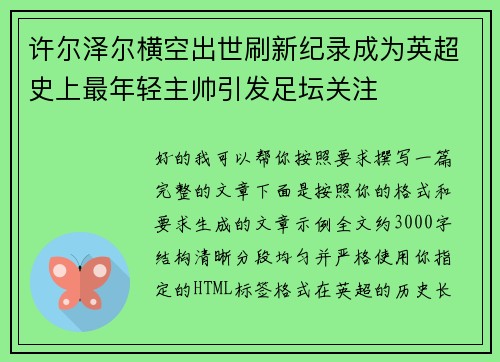 许尔泽尔横空出世刷新纪录成为英超史上最年轻主帅引发足坛关注 许尔泽尔横空出世刷新纪录成为英超史上最年轻主帅引发足坛关注